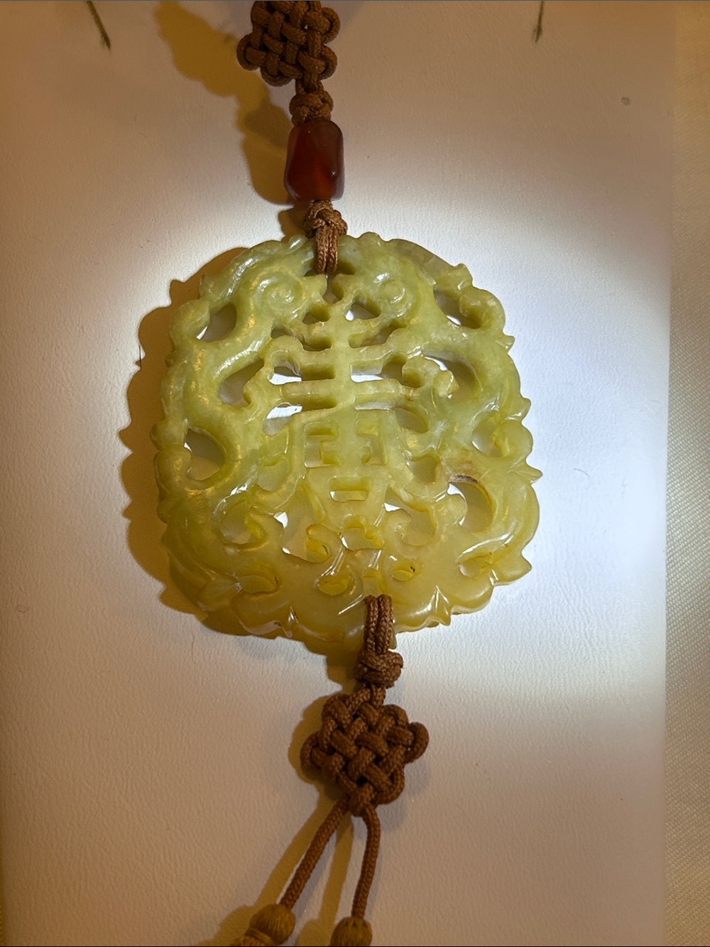 Carved Yellow Jade Pendant Necklace with Knotted Cord - Women Jewelry
